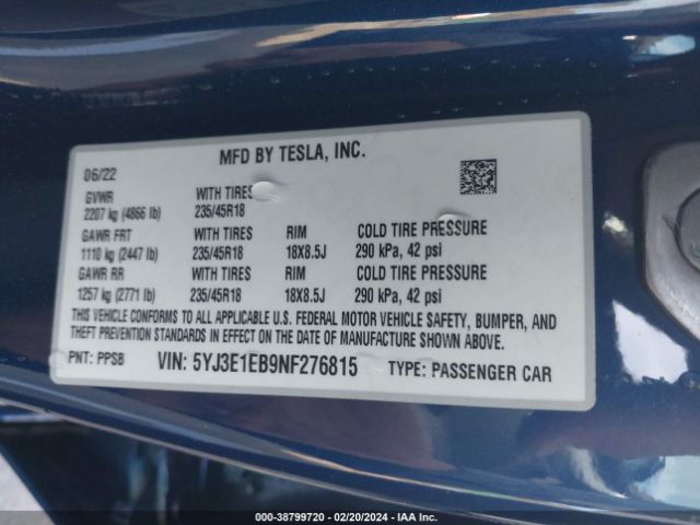 Photo 8 VIN: 5YJ3E1EB9NF276815 - TESLA MODEL 3 