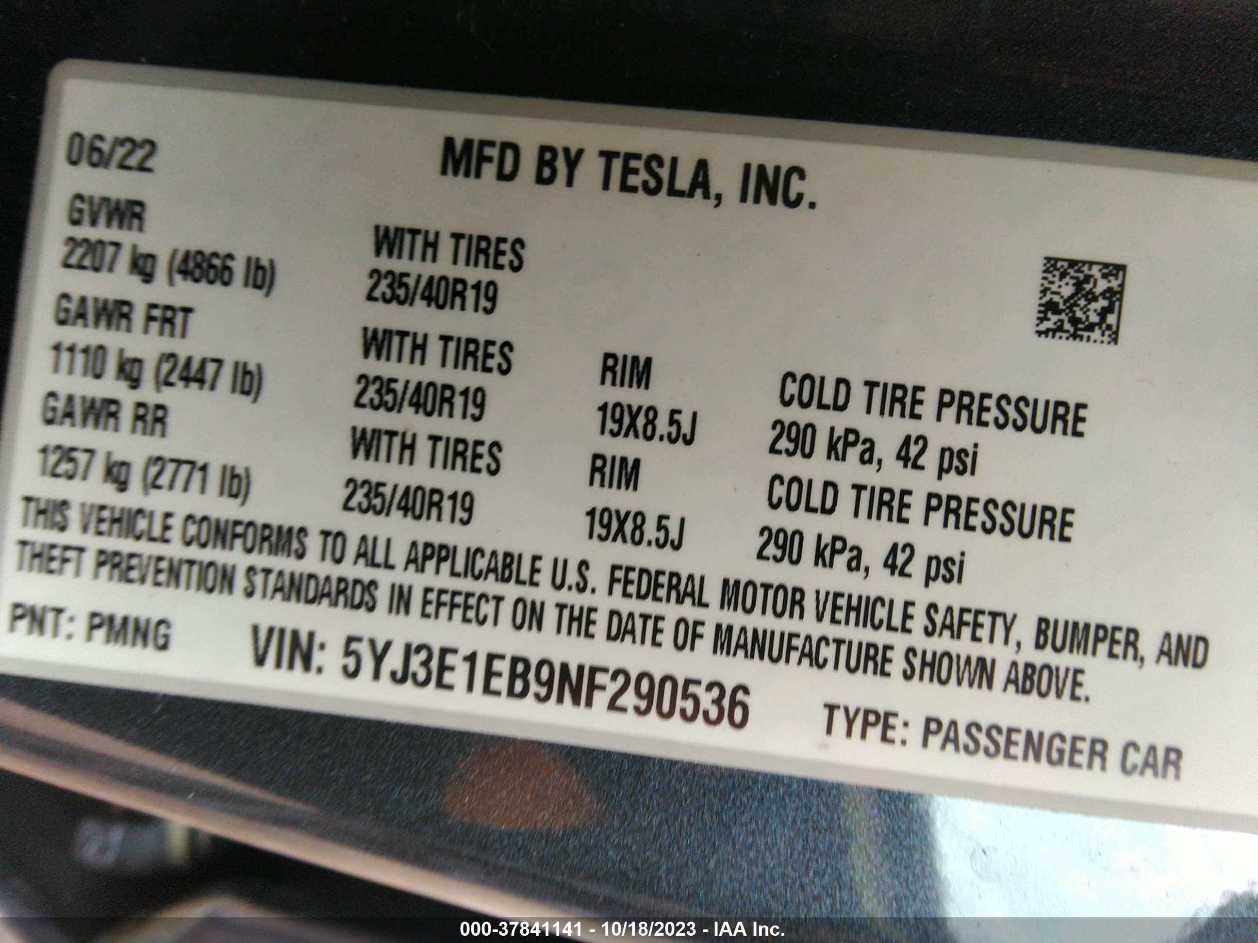 Photo 8 VIN: 5YJ3E1EB9NF290536 - TESLA MODEL 3 