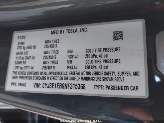 Photo 8 VIN: 5YJ3E1EB9NF315368 - TESLA MODEL 3 