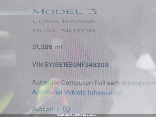 Photo 6 VIN: 5YJ3E1EB9NF348208 - TESLA MODEL 3 