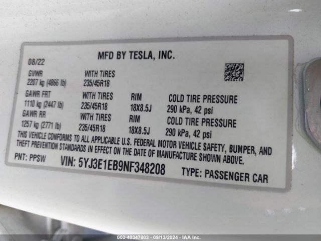 Photo 8 VIN: 5YJ3E1EB9NF348208 - TESLA MODEL 3 