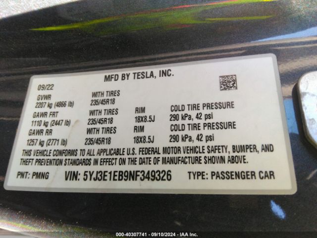 Photo 8 VIN: 5YJ3E1EB9NF349326 - TESLA MODEL 3 