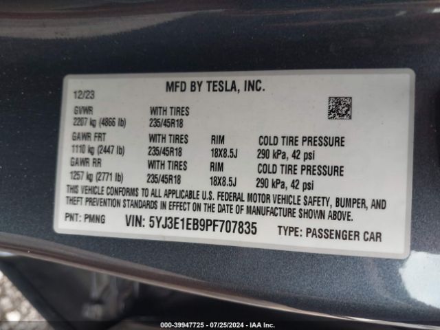 Photo 8 VIN: 5YJ3E1EB9PF707835 - TESLA MODEL 3 