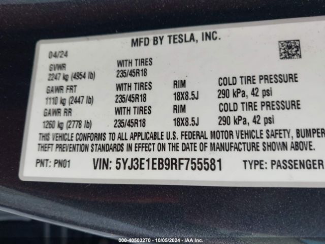 Photo 8 VIN: 5YJ3E1EB9RF755581 - TESLA MODEL 3 