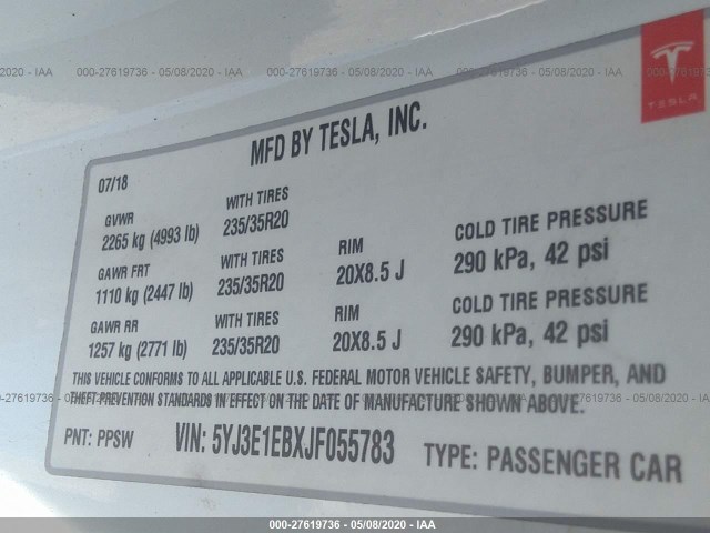 Photo 8 VIN: 5YJ3E1EBXJF055783 - TESLA MODEL 3 