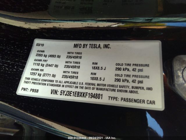 Photo 8 VIN: 5YJ3E1EBXKF194801 - TESLA MODEL 3 