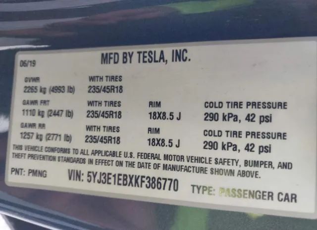 Photo 8 VIN: 5YJ3E1EBXKF386770 - TESLA MODEL 3 