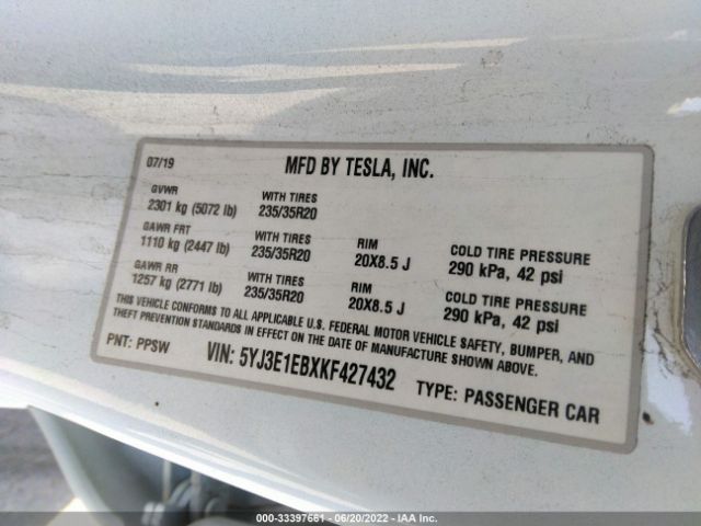 Photo 8 VIN: 5YJ3E1EBXKF427432 - TESLA MODEL 3 