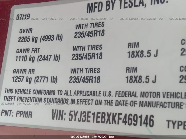 Photo 8 VIN: 5YJ3E1EBXKF469146 - TESLA MODEL 3 