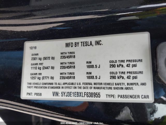 Photo 8 VIN: 5YJ3E1EBXLF638955 - TESLA MODEL 3 