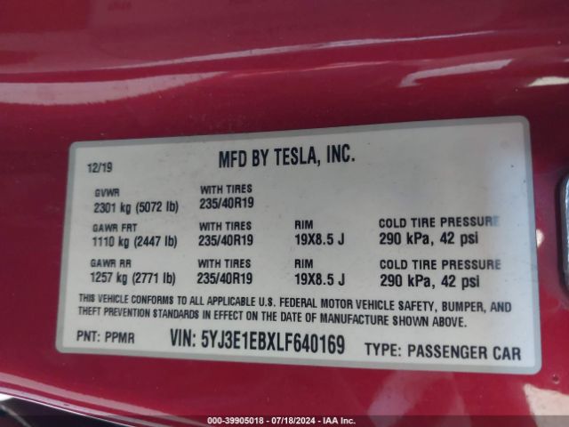 Photo 8 VIN: 5YJ3E1EBXLF640169 - TESLA MODEL 3 