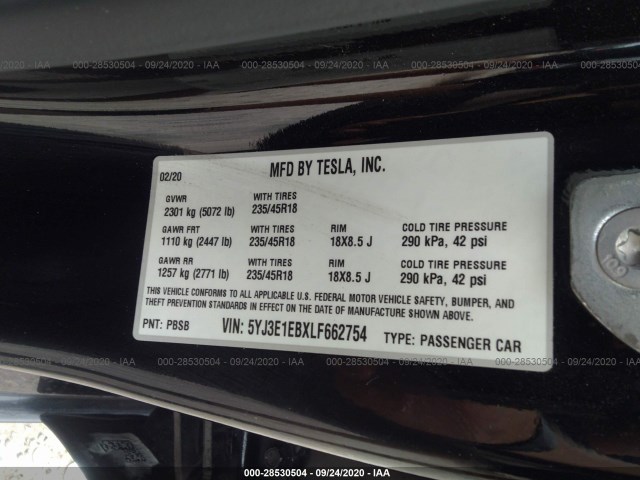 Photo 8 VIN: 5YJ3E1EBXLF662754 - TESLA MODEL 3 