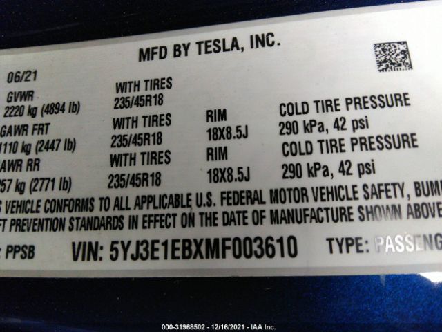 Photo 8 VIN: 5YJ3E1EBXMF003610 - TESLA MODEL 3 