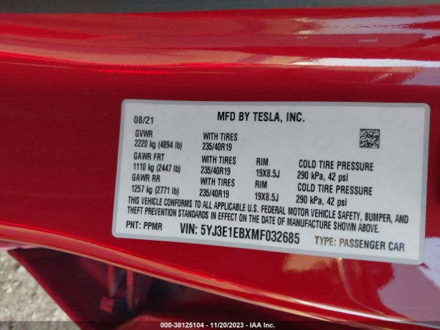 Photo 8 VIN: 5YJ3E1EBXMF032685 - TESLA MODEL 3 