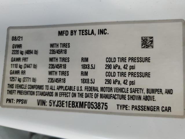 Photo 11 VIN: 5YJ3E1EBXMF053875 - TESLA MODEL 3 