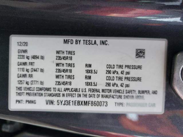 Photo 12 VIN: 5YJ3E1EBXMF860073 - TESLA MODEL 3 