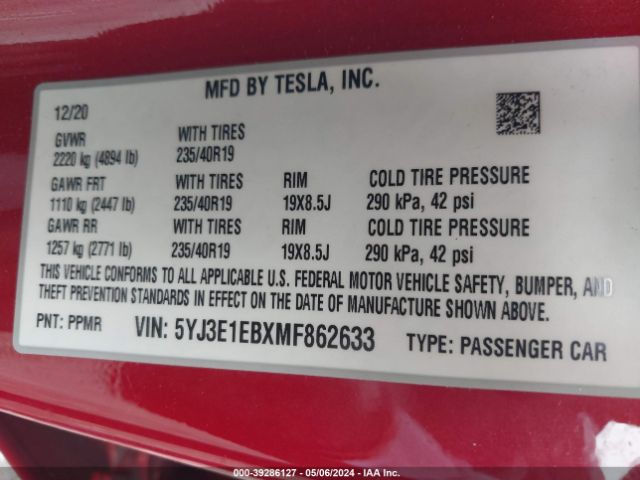 Photo 8 VIN: 5YJ3E1EBXMF862633 - TESLA MODEL 3 