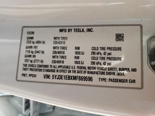 Photo 9 VIN: 5YJ3E1EBXMF869596 - TESLA MODEL 3 