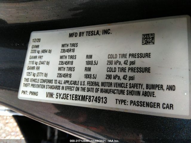 Photo 8 VIN: 5YJ3E1EBXMF874913 - TESLA MODEL 3 