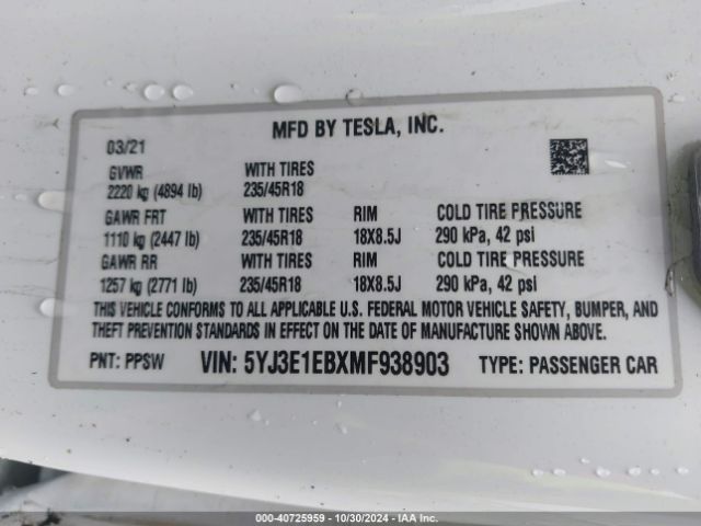 Photo 8 VIN: 5YJ3E1EBXMF938903 - TESLA MODEL 3 