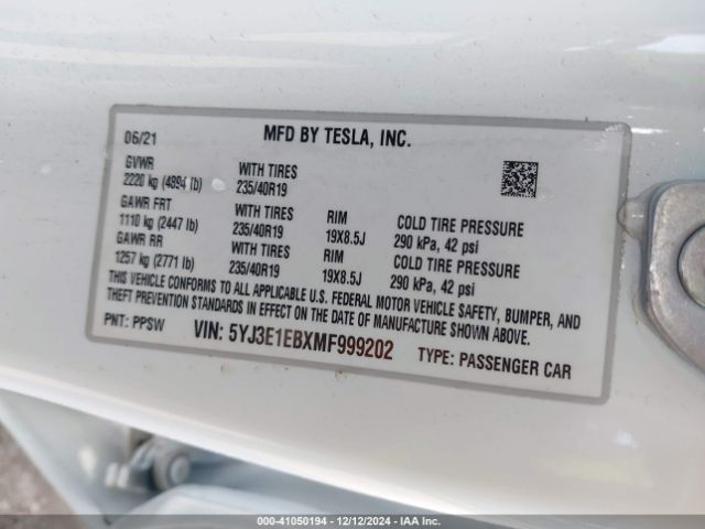 Photo 8 VIN: 5YJ3E1EBXMF999202 - TESLA MODEL 3 