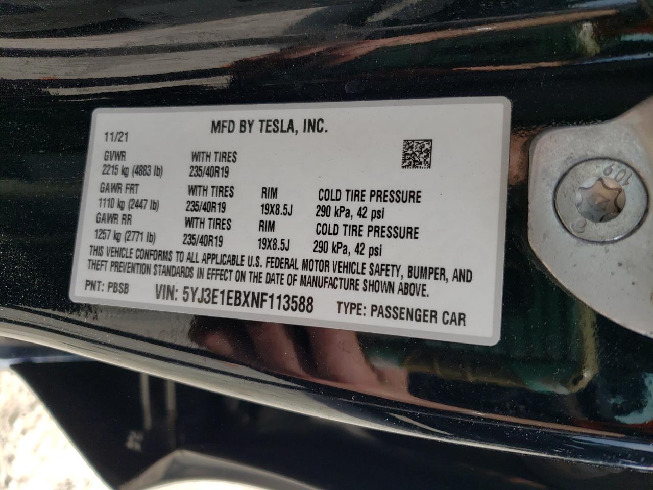 Photo 11 VIN: 5YJ3E1EBXNF113588 - TESLA MODEL 3 