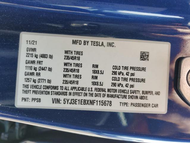 Photo 11 VIN: 5YJ3E1EBXNF115678 - TESLA MODEL 3 