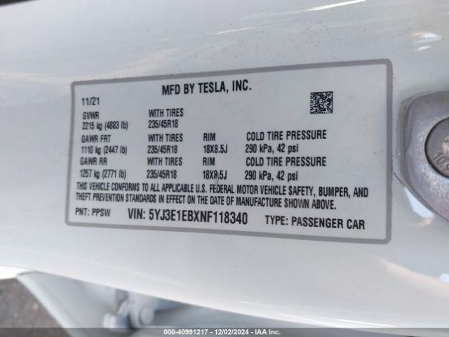 Photo 8 VIN: 5YJ3E1EBXNF118340 - TESLA MODEL 3 