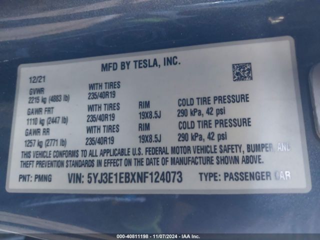 Photo 8 VIN: 5YJ3E1EBXNF124073 - TESLA MODEL 3 