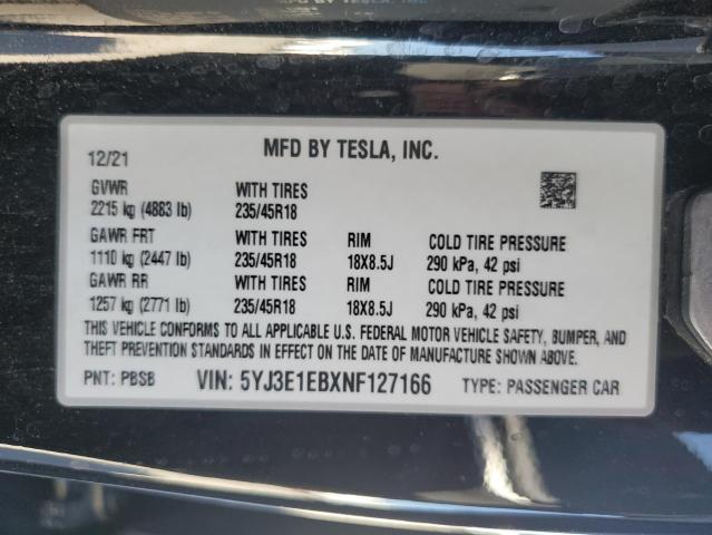 Photo 11 VIN: 5YJ3E1EBXNF127166 - TESLA MODEL 3 