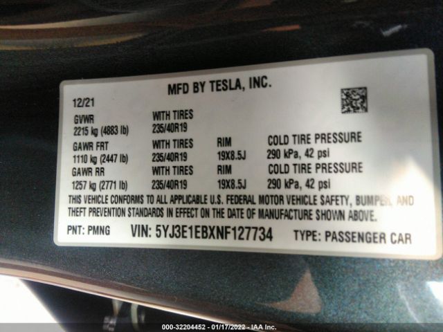 Photo 8 VIN: 5YJ3E1EBXNF127734 - TESLA MODEL 3 