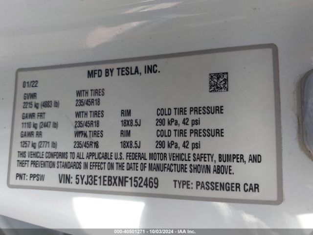 Photo 8 VIN: 5YJ3E1EBXNF152469 - TESLA MODEL 3 