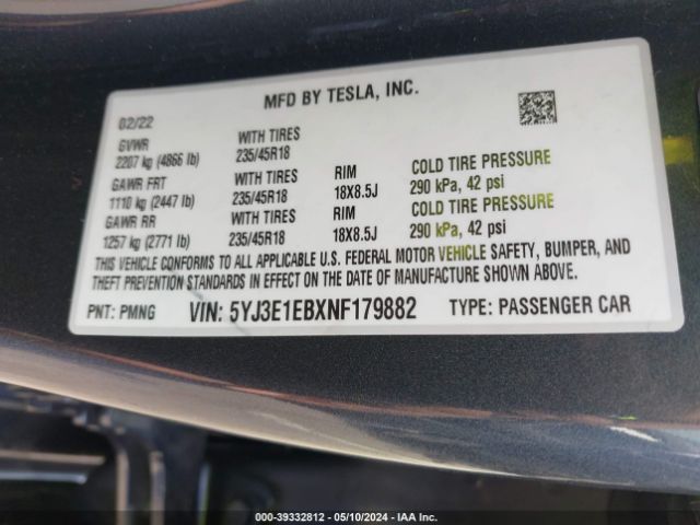 Photo 8 VIN: 5YJ3E1EBXNF179882 - TESLA MODEL 3 