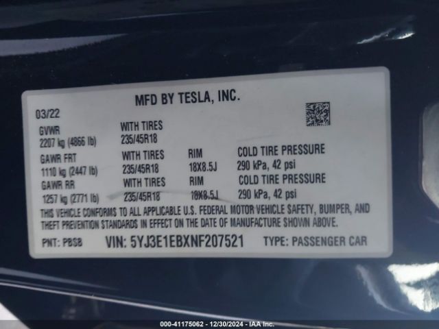 Photo 8 VIN: 5YJ3E1EBXNF207521 - TESLA MODEL 3 