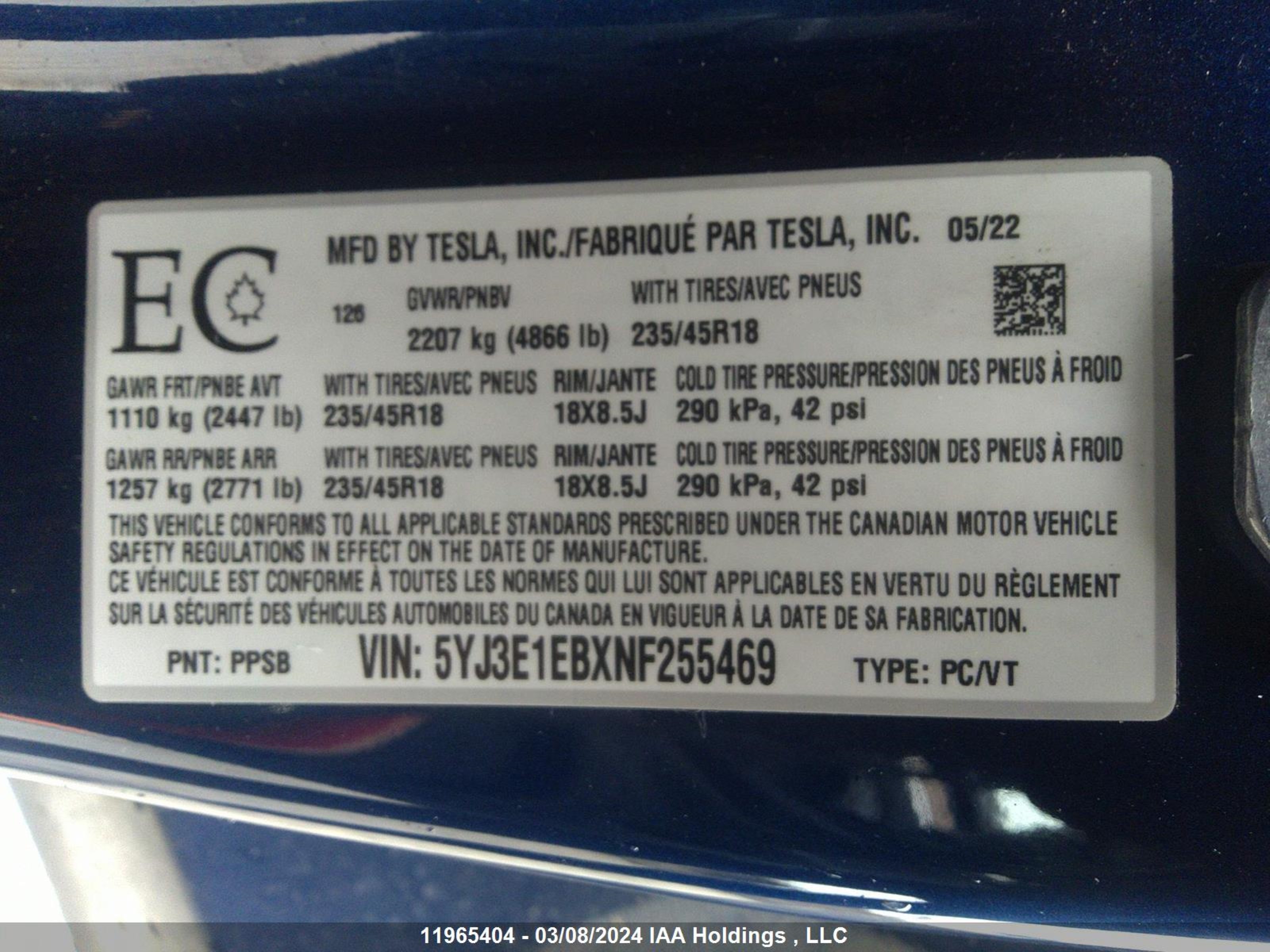 Photo 8 VIN: 5YJ3E1EBXNF255469 - TESLA MODEL 3 