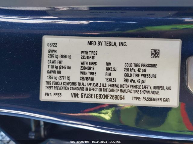 Photo 8 VIN: 5YJ3E1EBXNF269064 - TESLA MODEL 3 