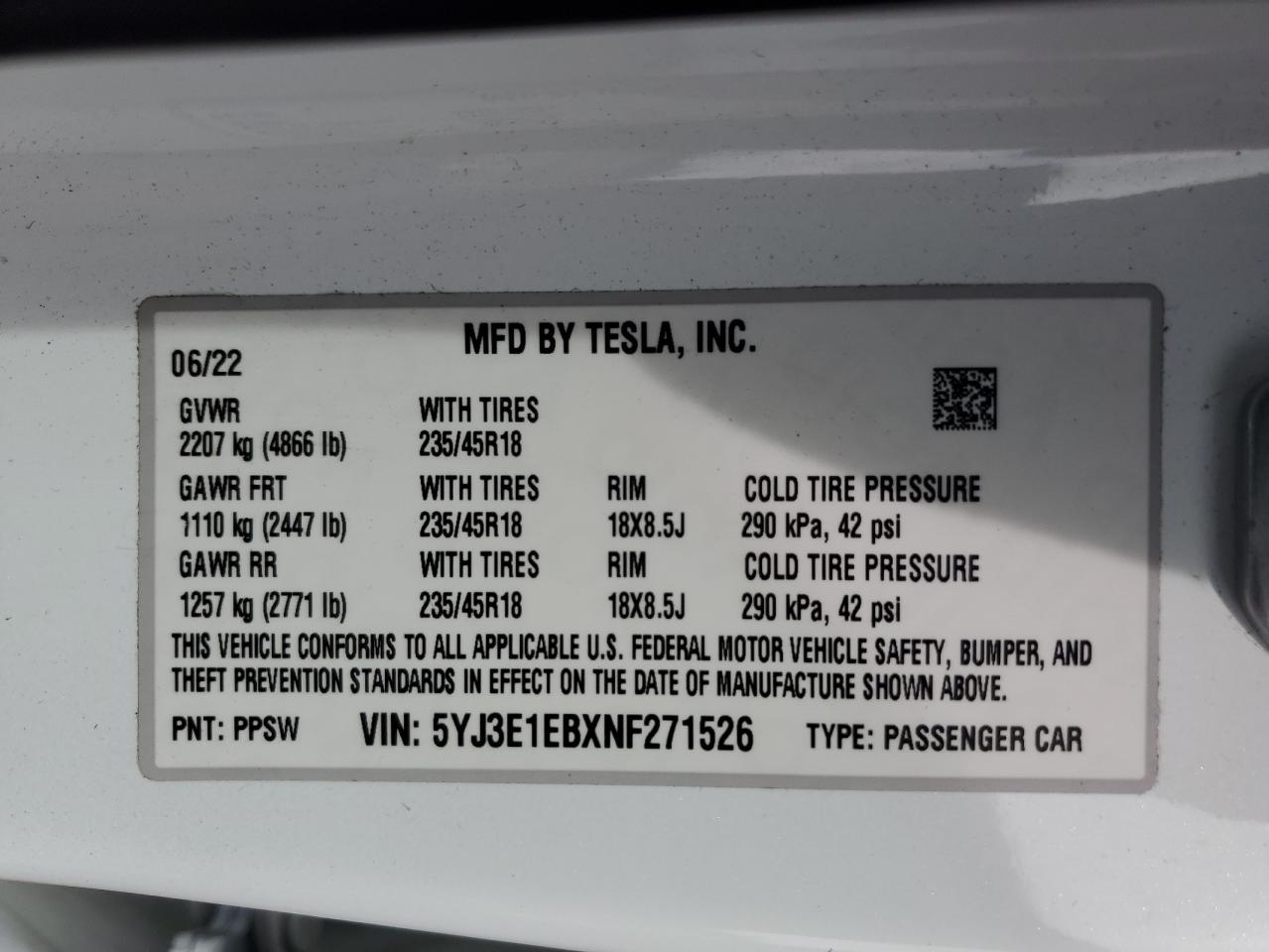 Photo 11 VIN: 5YJ3E1EBXNF271526 - TESLA MODEL 3 AWD 