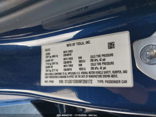 Photo 8 VIN: 5YJ3E1EBXNF286172 - TESLA MODEL 3 