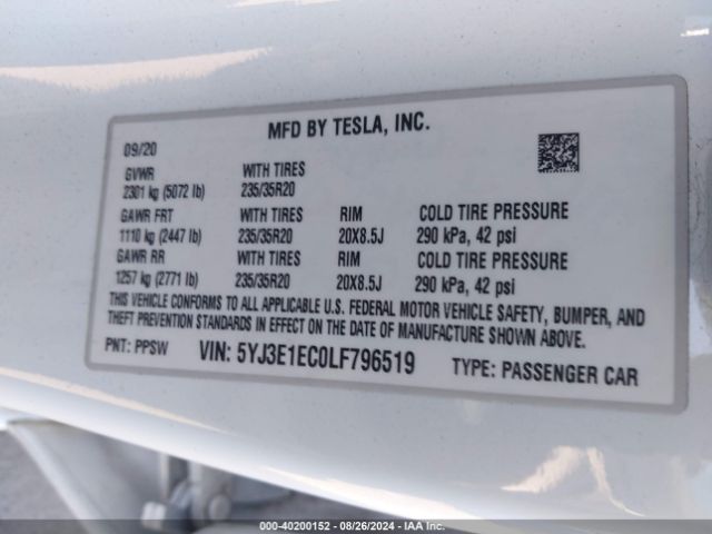 Photo 8 VIN: 5YJ3E1EC0LF796519 - TESLA MODEL 3 