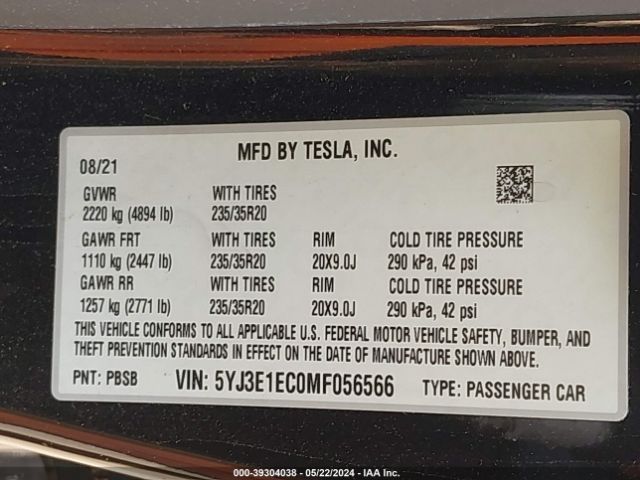 Photo 8 VIN: 5YJ3E1EC0MF056566 - TESLA MODEL 3 