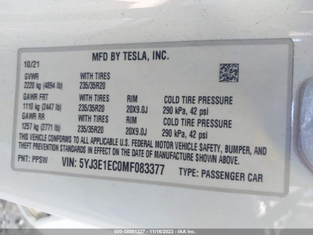 Photo 8 VIN: 5YJ3E1EC0MF083377 - TESLA MODEL 3 