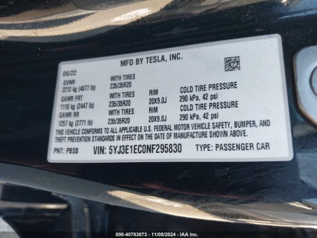 Photo 8 VIN: 5YJ3E1EC0NF295830 - TESLA MODEL 3 