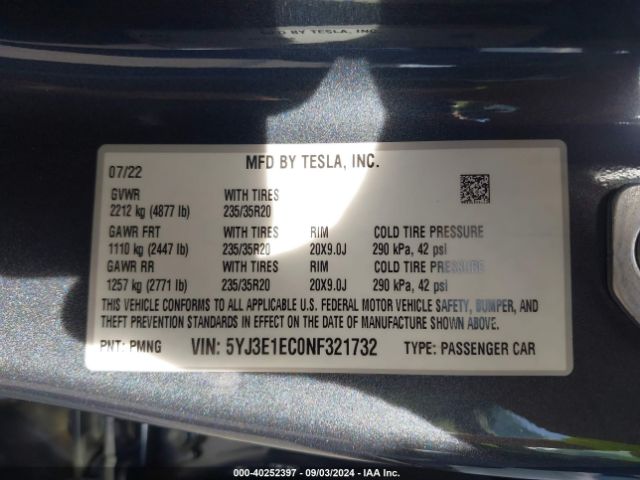 Photo 8 VIN: 5YJ3E1EC0NF321732 - TESLA MODEL 3 