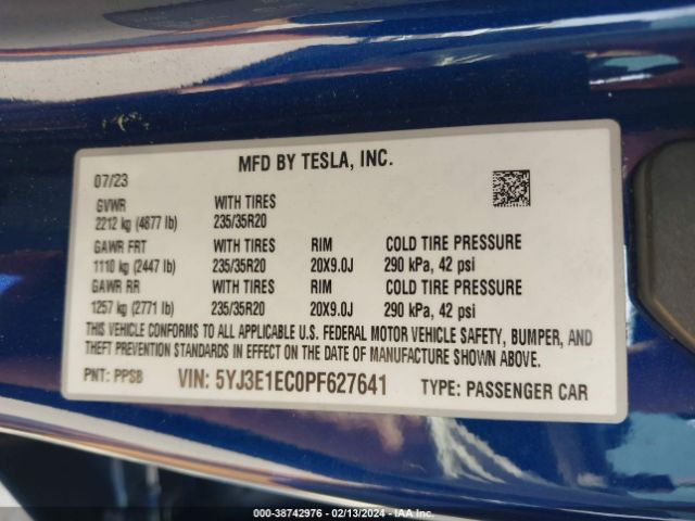 Photo 8 VIN: 5YJ3E1EC0PF627641 - TESLA MODEL 3 