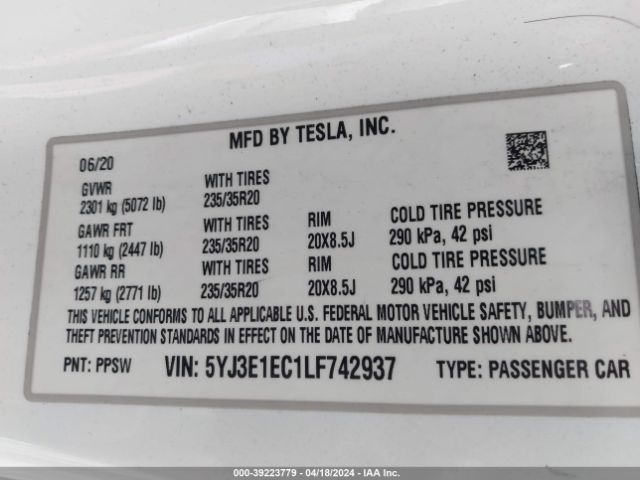 Photo 8 VIN: 5YJ3E1EC1LF742937 - TESLA MODEL 3 