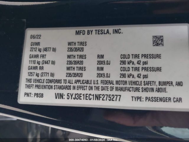 Photo 8 VIN: 5YJ3E1EC1NF275277 - TESLA MODEL 3 