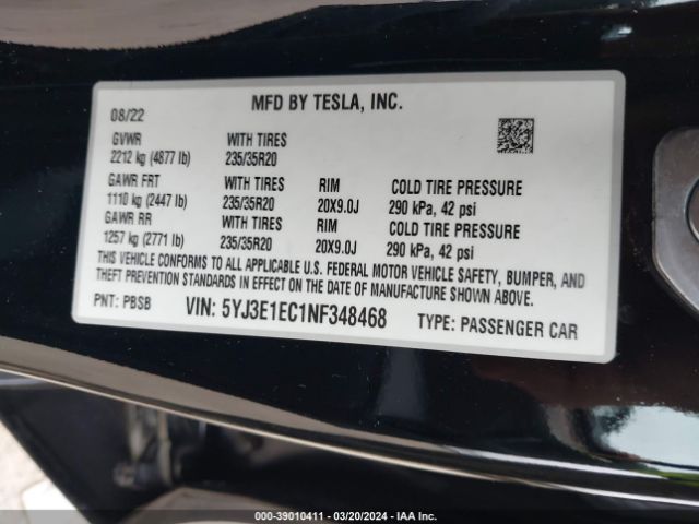 Photo 8 VIN: 5YJ3E1EC1NF348468 - TESLA MODEL 3 