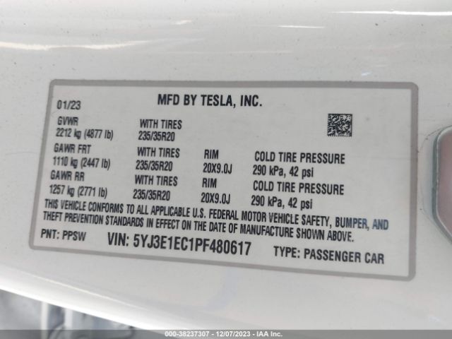 Photo 8 VIN: 5YJ3E1EC1PF480617 - TESLA MODEL 3 