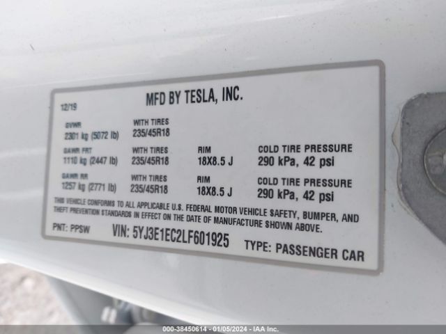 Photo 8 VIN: 5YJ3E1EC2LF601925 - TESLA MODEL 3 