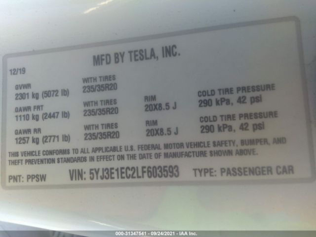 Photo 8 VIN: 5YJ3E1EC2LF603593 - TESLA MODEL 3 